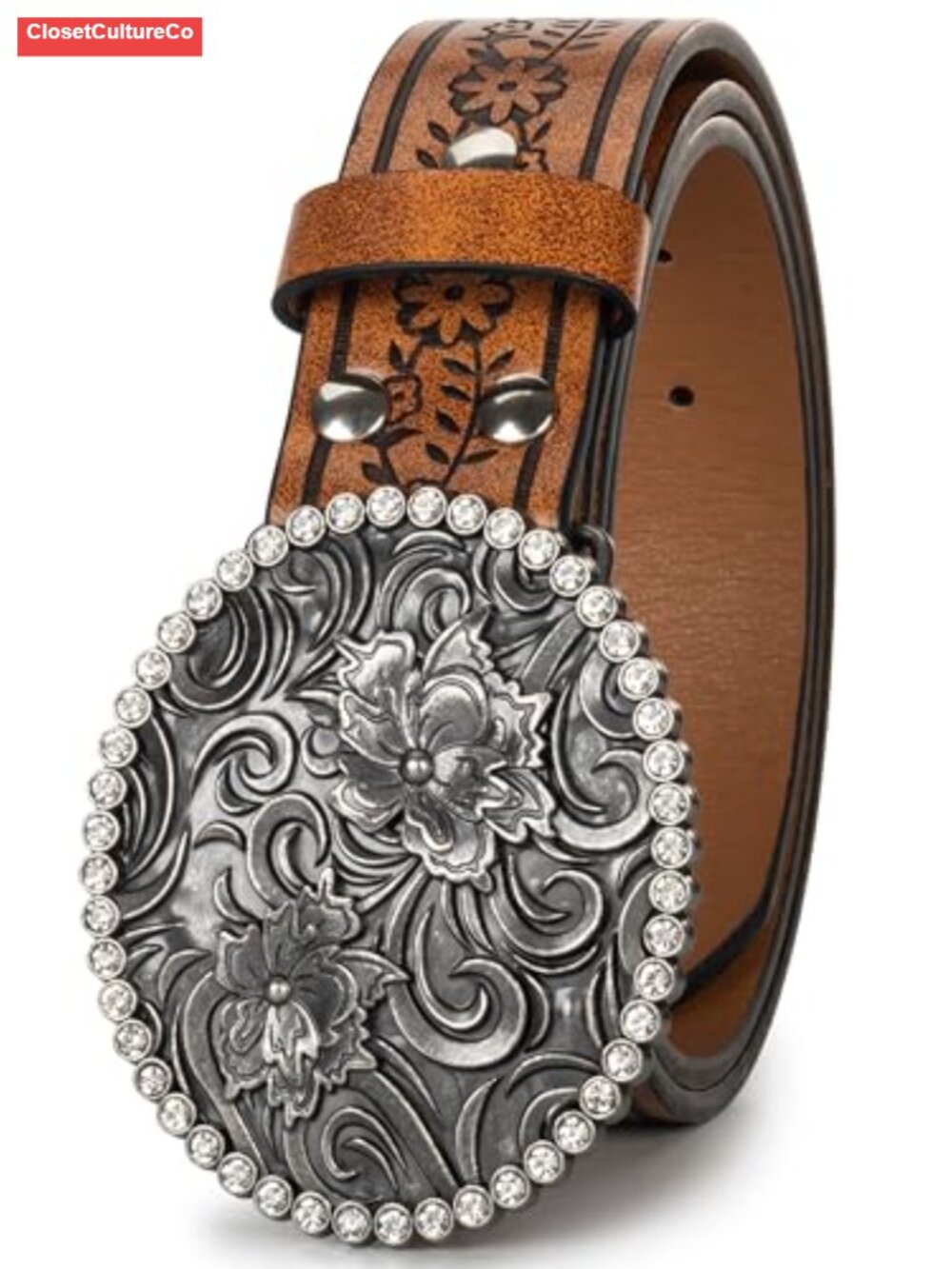 Western Cowboy Belt Women Carved PU Leather Turquoise Buckle